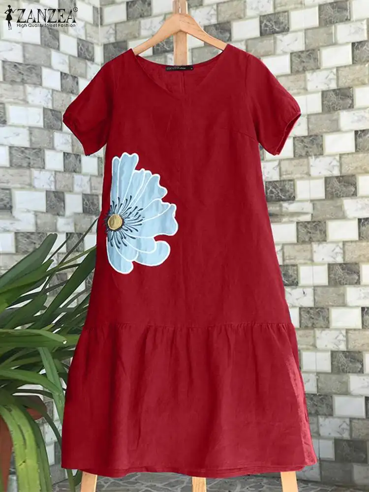 ZANZEA abiti Midi Casual con stampa floreale da donna 2024 estate per il tempo libero manica corta a sbuffo orlo arruffato Vestidos Holiday Sundress