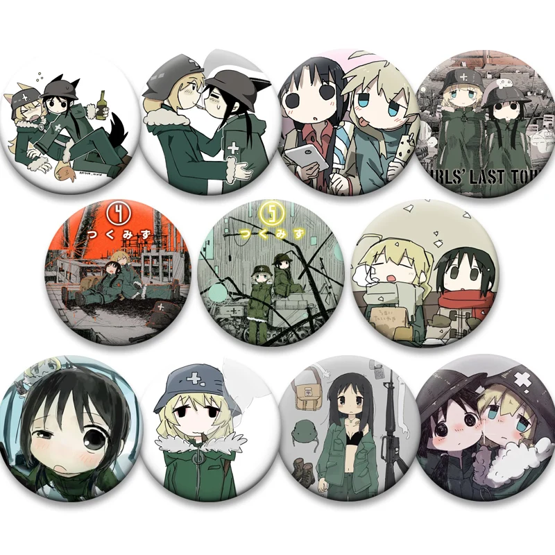 Broches de dibujos animados de chicas anime lindas de la gira final de Shoujo Shuumatsu Ryokou Yuuri Chito, insignia redonda para accesorios de bolso, regalo de joyería