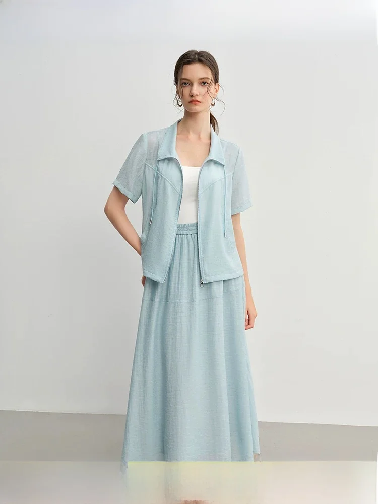 

Slimming Effect Dstring Stand Collar Zipper Set Summer New Faion Loose Top f Skirt Two Piece Set plus Size Women's Cl...