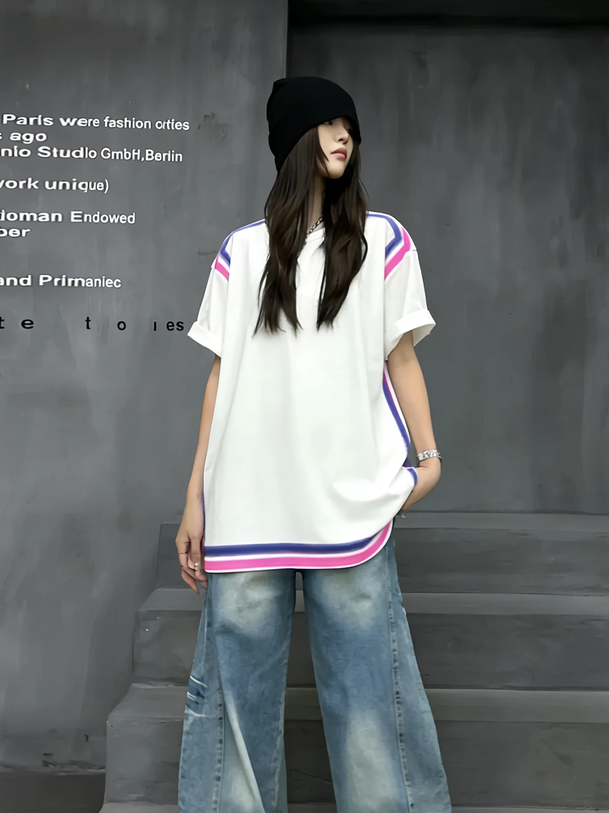 

Летняя модная футболка M-Home 2026: Новинка, свободный крой, повседневная, с коротким рукавом, круглым вырезом, в стиле колор-блок, белая, женская, уличный стиль, хлопок