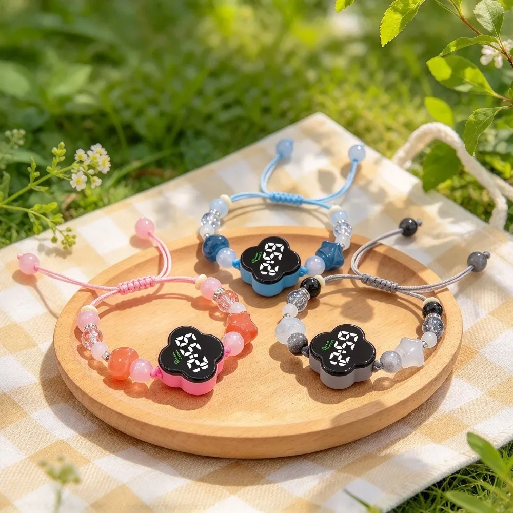 Colorful Beads Electronic Bracelet for Girls Kids Cute Flower Cartoon Screen Digital Watch Adjustable Wristband