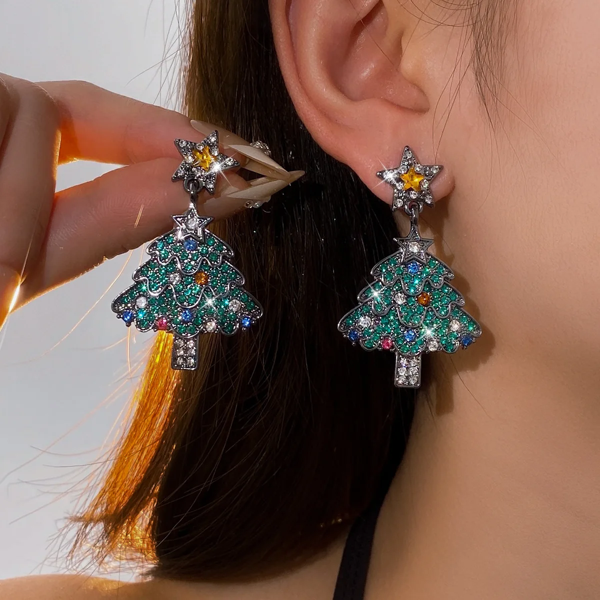 Silver Needle European and American Cross-border Diamond-encrusted Christmas Tree Pendant Earrings Fashion Personality Earrings