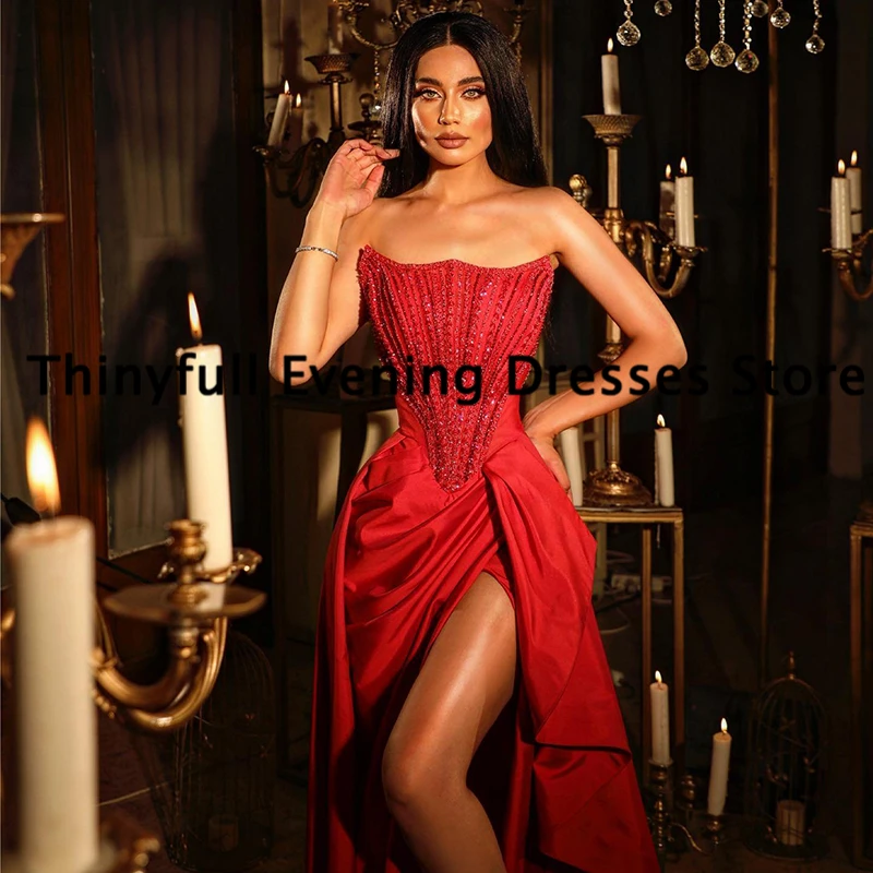 Thinyfull Red Mermaid Prom Dresses Strapless Side Slit Beadings Evening Dress Sexy Saudi Arabia Cocktail Party Gowns Plus Size