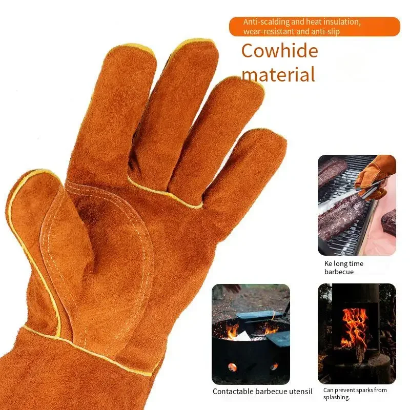 Welding Cowhide Anti-Scalding Wear-Resistant High Temperature Resistance Winter Leather Working Welder BBQ Protection Gloves