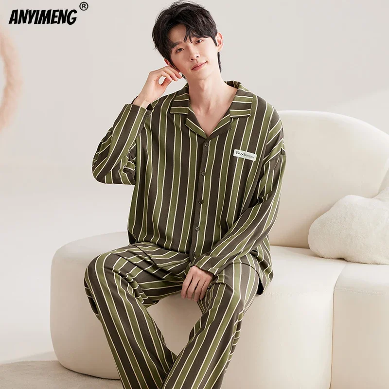 Gentleman Turn-down Collar Sleepwear Leisure Boys Pajamas Casual Mens Pijama Faux Cotton Soft Nightwear Autumn Spring Homesuit