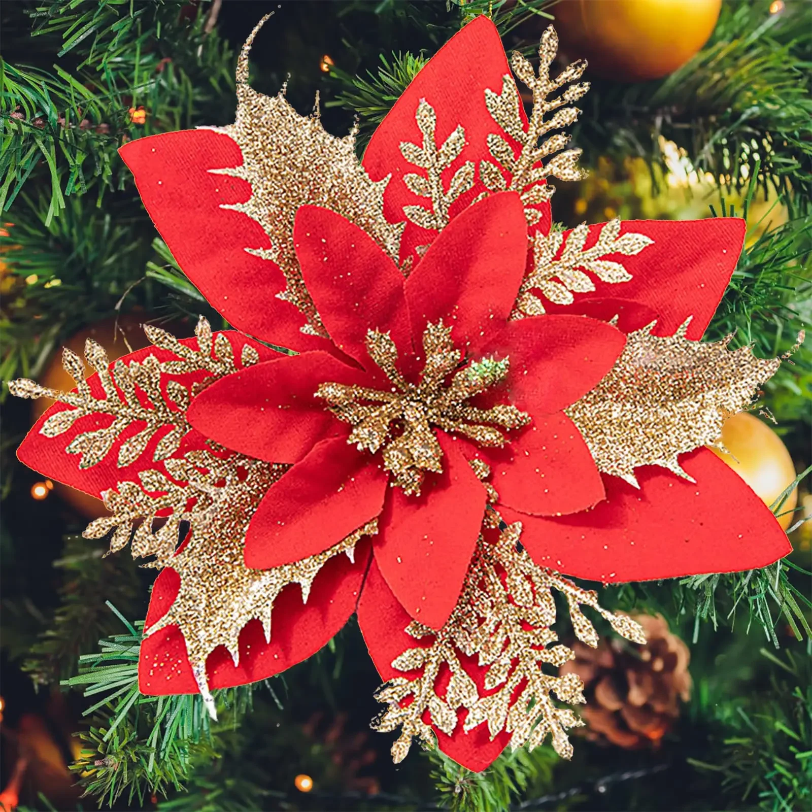 1pc 14cm Christmas Flowers Glitter Red Gold Flower Head Xmas Tree Ornament Christmas Decorations for Home Panty New Year Gift