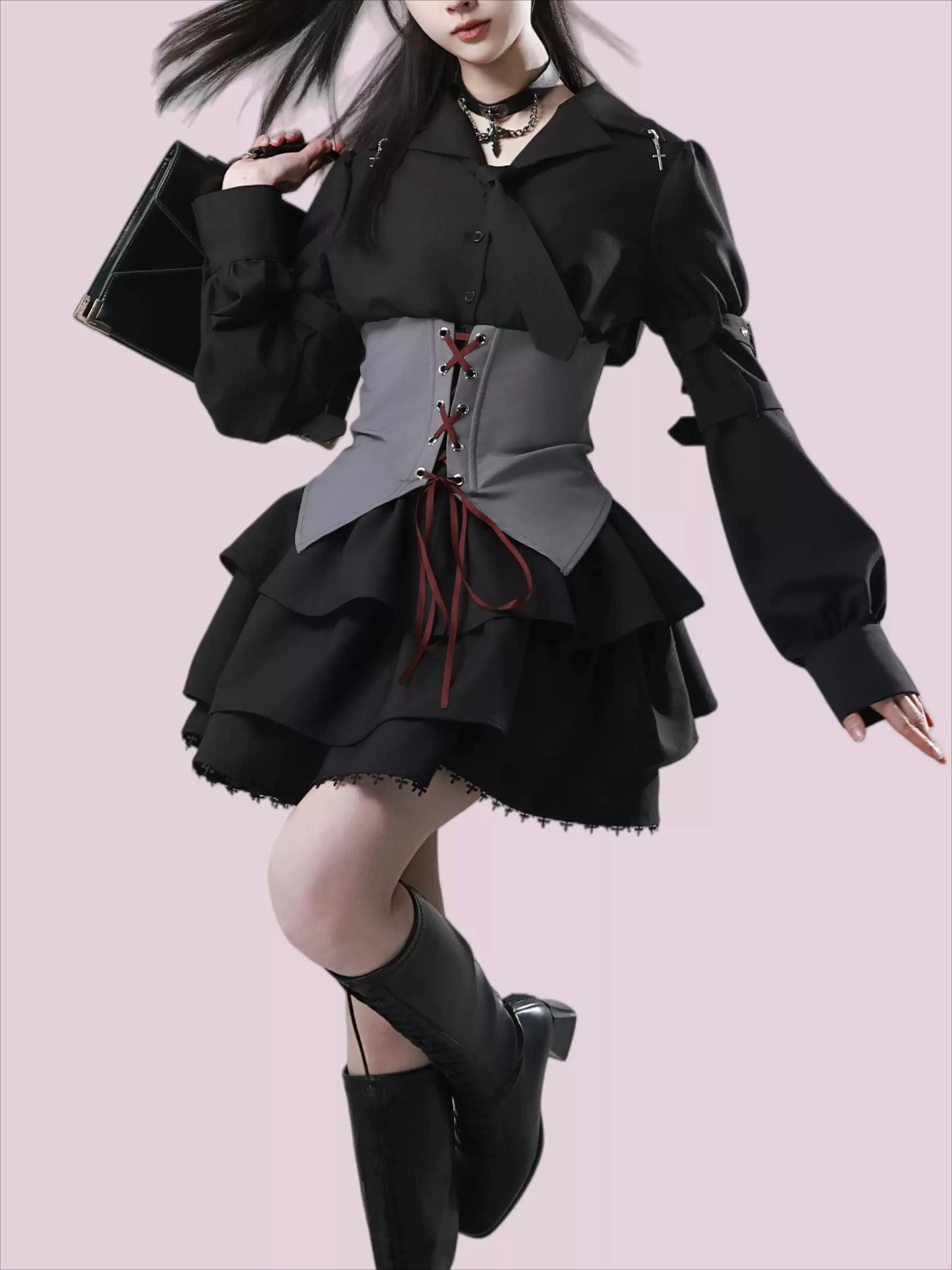 Y2K Japanese Gothic School Sweet Sexy 2pcs Set Women Cross Buckle Decor Puff Sleeve Tie Neck Corset Waist Layered Ruffle Hem