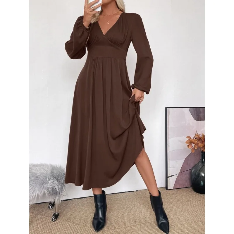 Herfst Franse Commuter Rok Effen Kleur V-hals Bruine Jurk Met Lange Mouwen