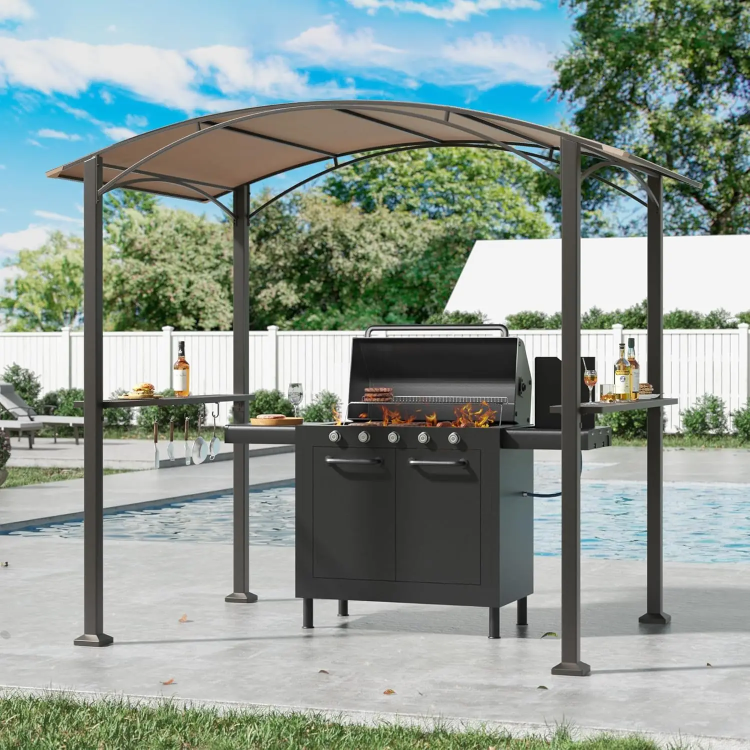 

Беседка-гриль 8x5 м, уличный навес для барбекю с изогнутой солнцезащитной крышей, павильон для патио с 2 боковыми полками и 5, настраиваемыми элементами