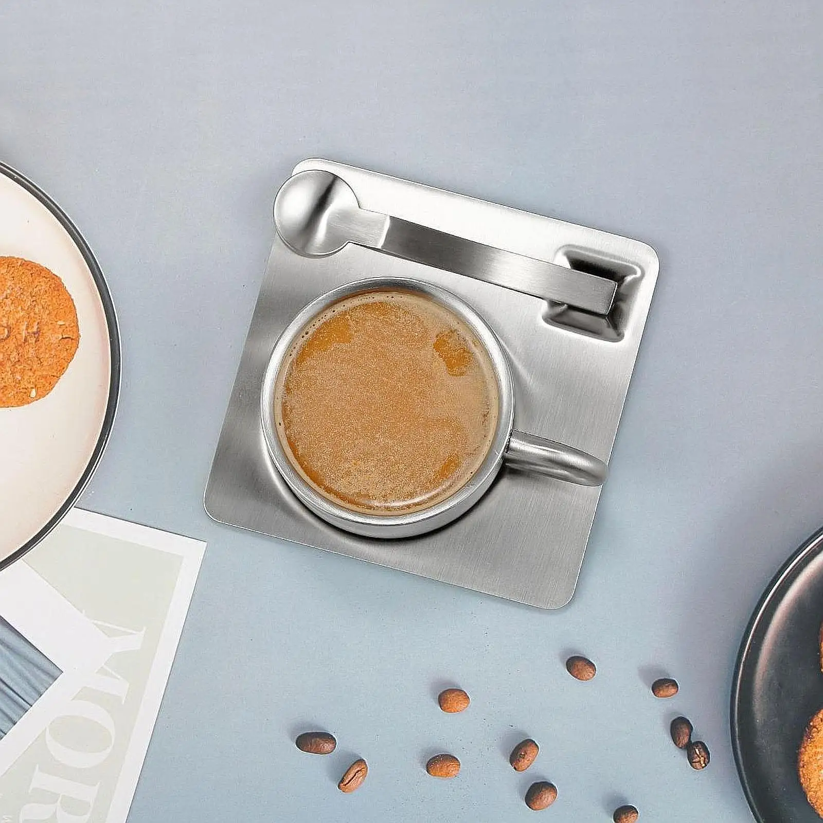 

Stainless Steel Coffee Cup Set Serving Plate Tea Cup for Travel Home Party