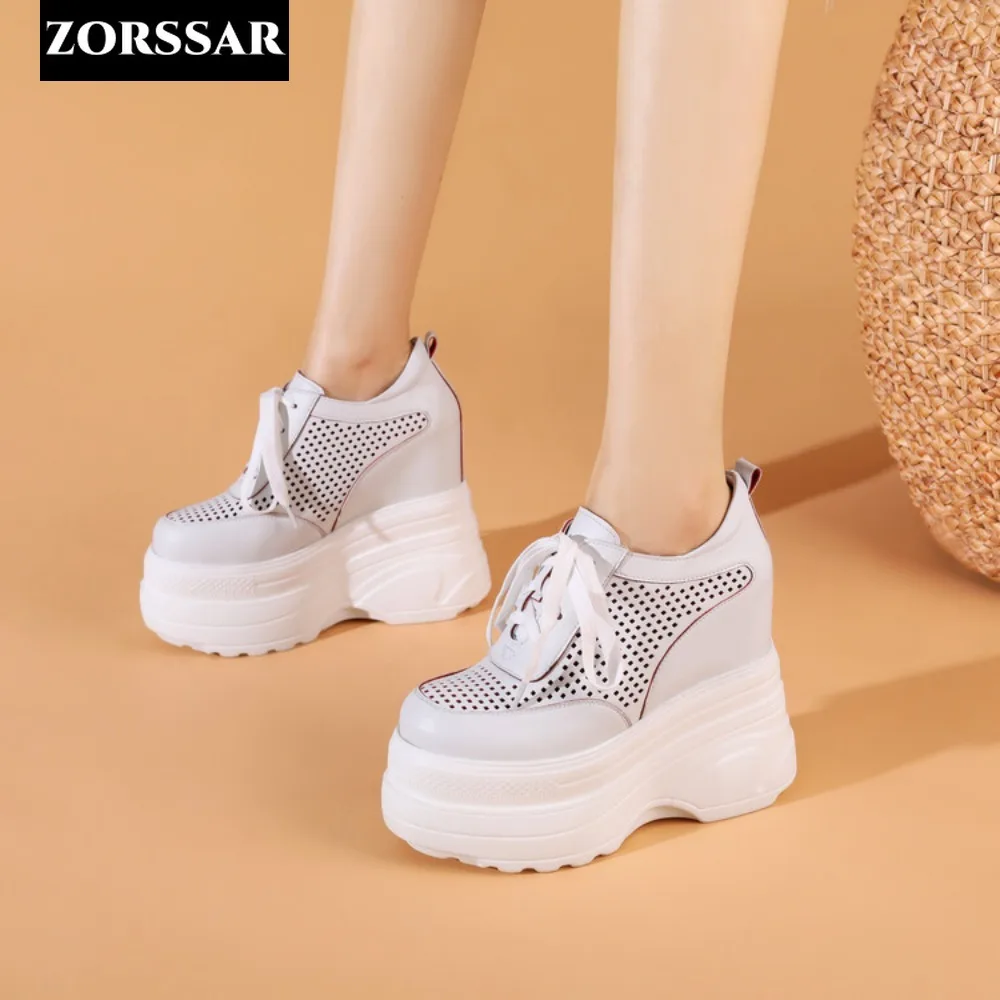 

14cm Genuine Leather Platform Wedge Sneakers Summer Super High Heels Chunky Shoes Breathable Leisure Hollow Out Women Shoes