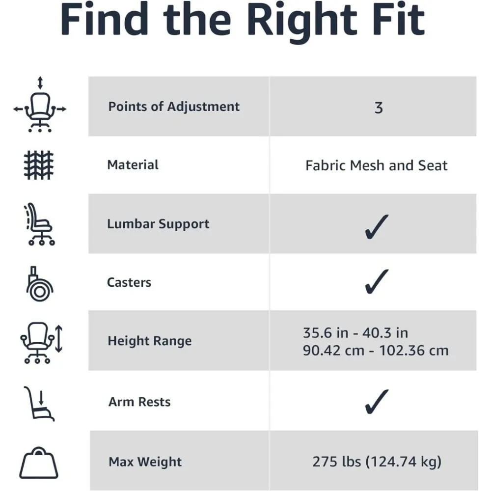 Basics-Chaise de bureau à dossier moyen réglable en maille, fauteuil de bureau à chocs résistant à 360, accoudoirs et support lombaire, noir, recommandé