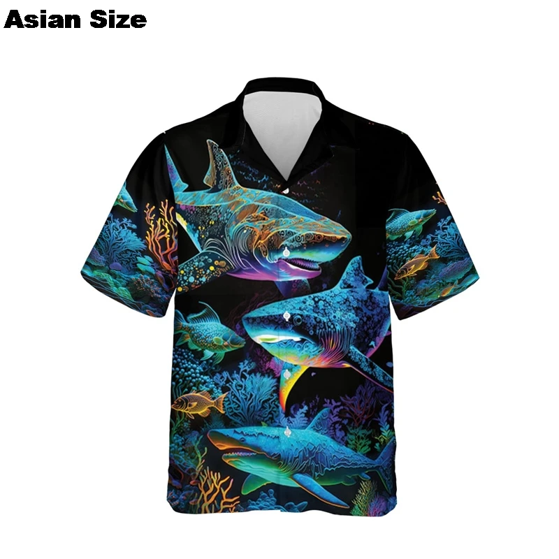 New Hawaiian Shirt For Men Kawaii Shark 3D Print Short Sleeve Lapel Blouse Beach Summer Holiday Shirts Streetwear Daily Y2k Tops