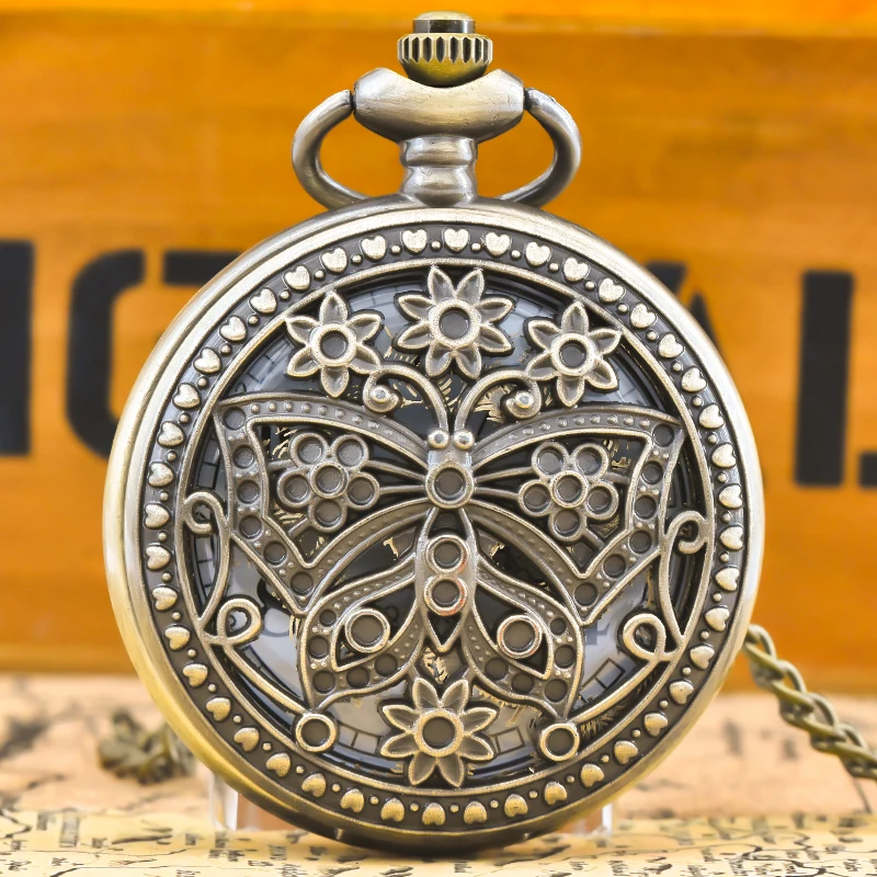 Vintage Perunggu Steampunk Kupu-kupu Dan Bunga Potongan Diukir Kuarsa Jam Saku Kalung Liontin Jam Rantai Pria Wanita ChainGift
