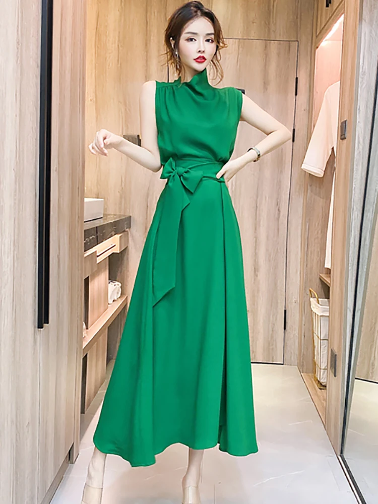 

Women Green Bow Bandage Bodycon Long Dress Summer Elegant Sleeveless Chic Dress 2025 Korean Fashion Luxury Festival Party Dress