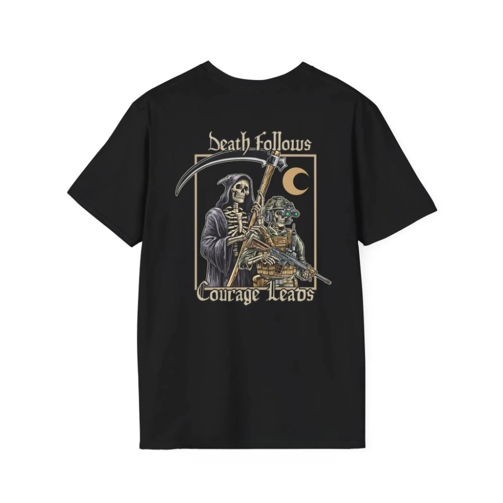 

Tactical Skeleton Graphic T-Shirt Men Death Follows Courage Leads Short Sleeve Cotton Tops Clothing Summer Casual Men‘s T Shirt