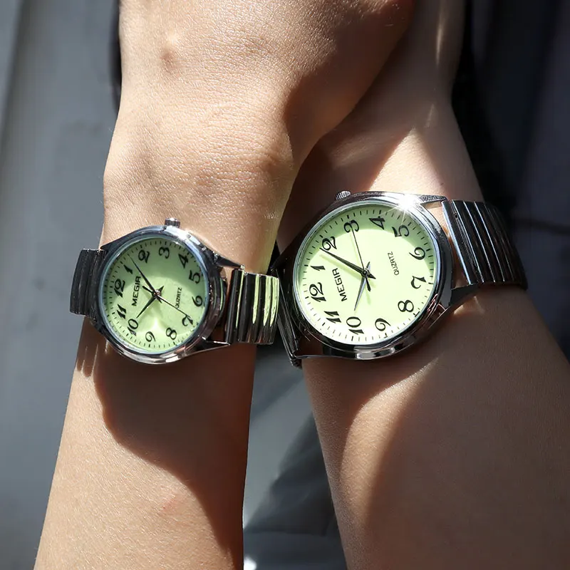 MEGIR1088 Simple Watch Digital Markings Suitable Both Men Women Steel Spring Elastic Band Quartz Watch Gift for Elderly Couples