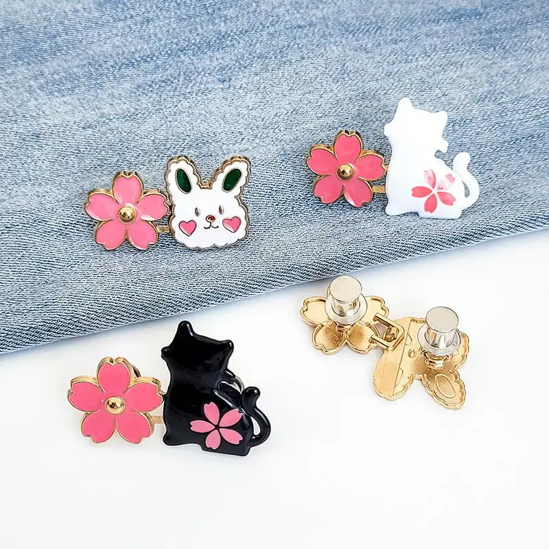 2Pcs Flower Rabbit Design Waist Adjustment Buckle Metal Shank Button Jeans Pants Tightener Clip Reusable Pants Buckle Waist Pins