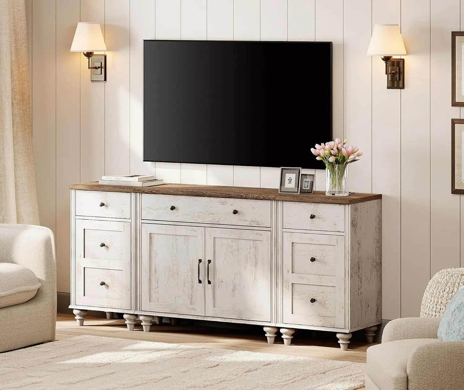 Farmhouse TV Stand for 75 Inch TV, 3-in-1 TV Console Table with Drawers & Doors, Entertainment Center with Charging, Customized