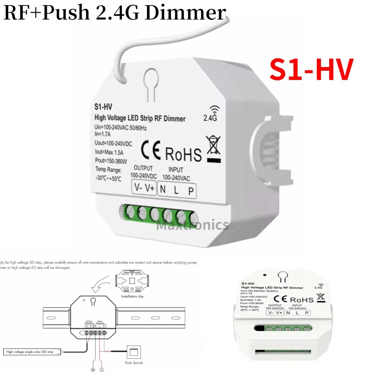 

AC100-240V High Voltage LED Strip RF Dimmer Controller S1-HV 1CH*1.5A Can Be Set 3-Second Gradient for Single Color LED Strip