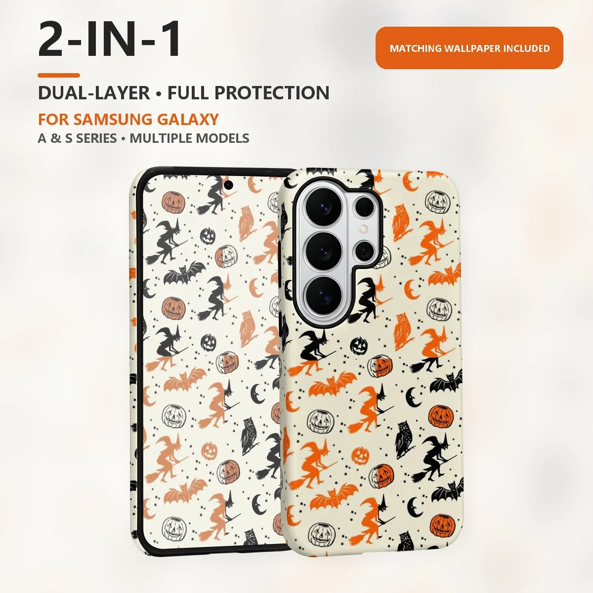 Halloween Witch Bat Pumpkin 2-in-1 Dual-Layer Phone Case for Samsung Galaxy S26 S25 S24 Plus Ultra FE S20 FE A56 A17 A16 A15