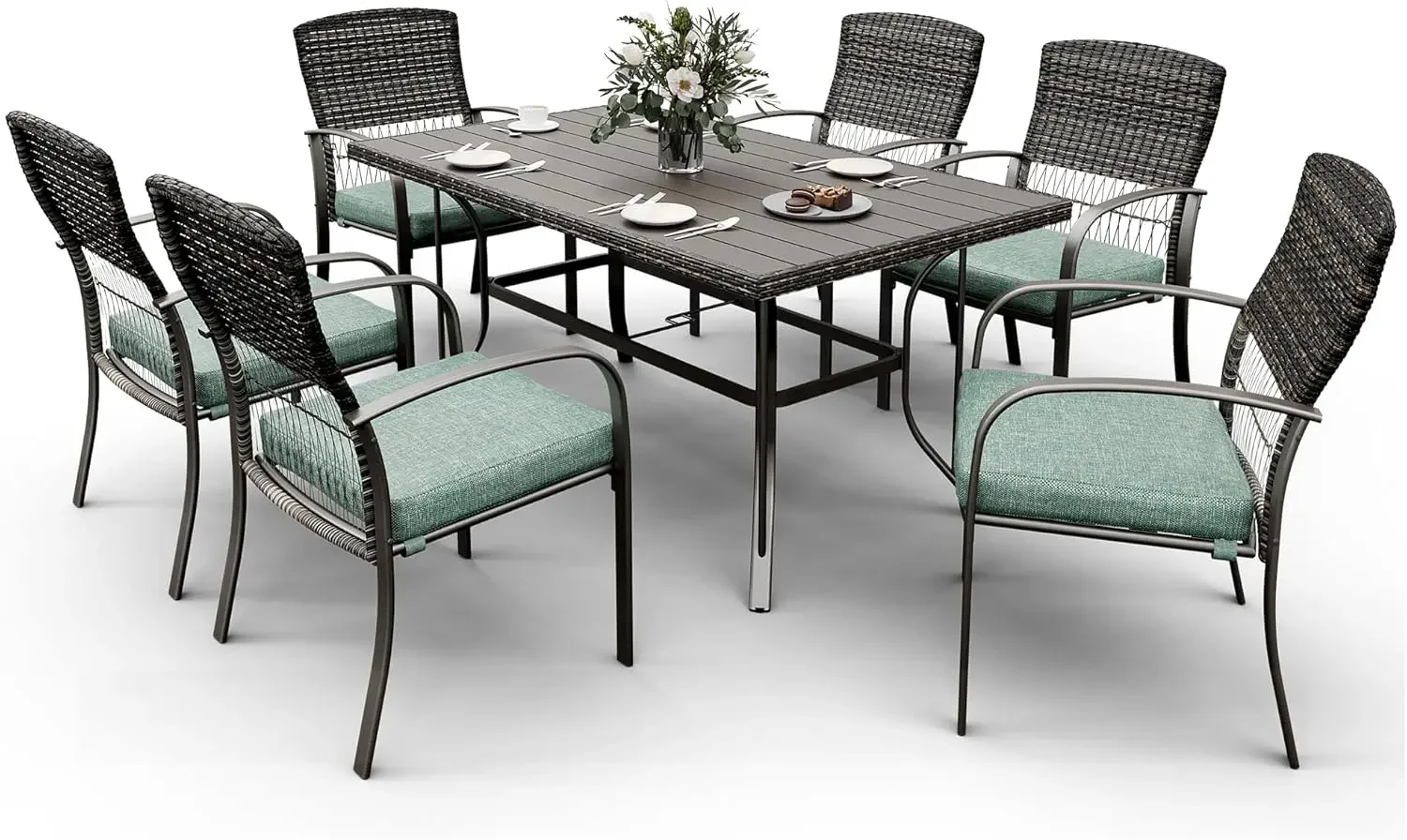 Juego de comedor para patio de 6,7 piezas, juego de mesa y sillas para patio, muebles de comedor de mimbre para todo tipo de clima con extraíble, césped, jardín (verde)