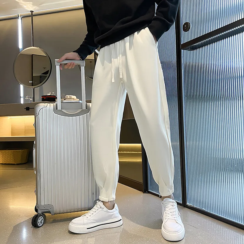 

Spring Summer Men's Slim Fit Casual Pants Harlan Style Korean Fashion Nine Point Zipper Slit Design Leisure Trousers