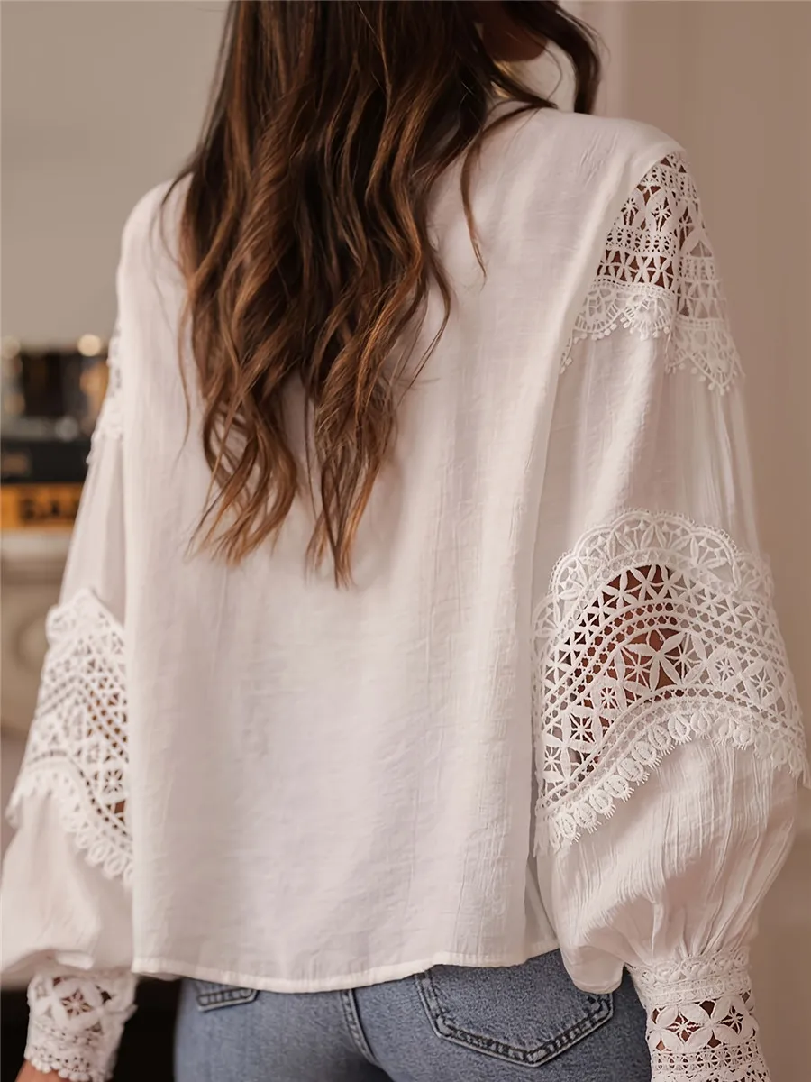 

Women's Spring Summer Casual Shirt Long Sleeve Mock Neck Crochet Cutout Lace Trim Blouse Ladies Elegant White Blouse for Fall