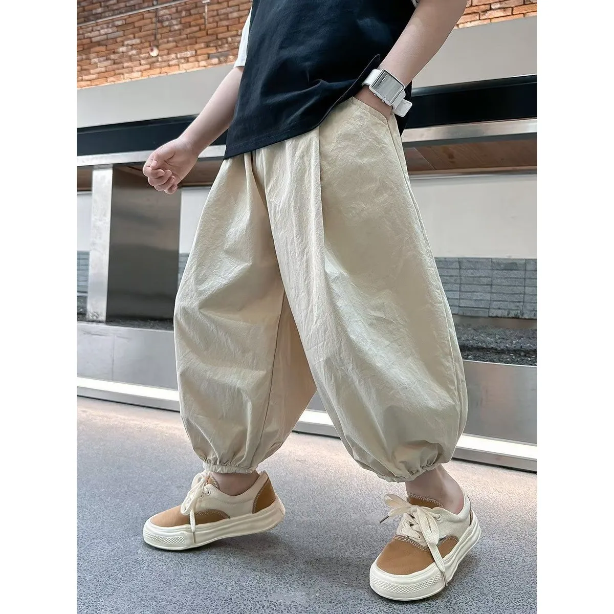 

Boys' Autumn Loose Sweatpants Color Casual Trousers Simple Design Comfortable Fit for Middle And Large Children