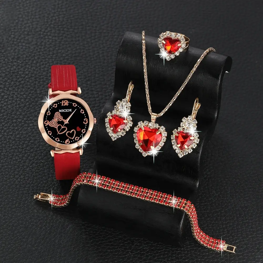 6pcs Women Casual Heart Watch Quartz Wrist Watches & Female Rhinestone Heart Necklace Earrings Bracelet Ring Jewelry Set Dress