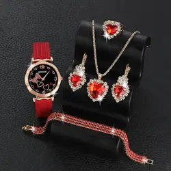 6pcs Women Casual Heart Watch Quartz Wrist Watches & Female Rhinestone Heart Necklace Earrings Bracelet Ring Jewelry Set Dress