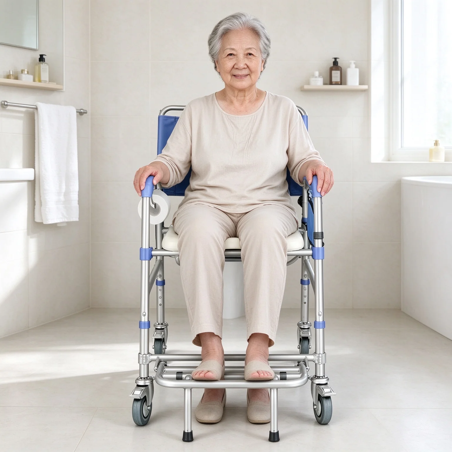 Foldable Toilet Chair with Wheels Shower Room Bath Chair Elderly Care Product Mobile Bathing Chair with Toilet Bucket