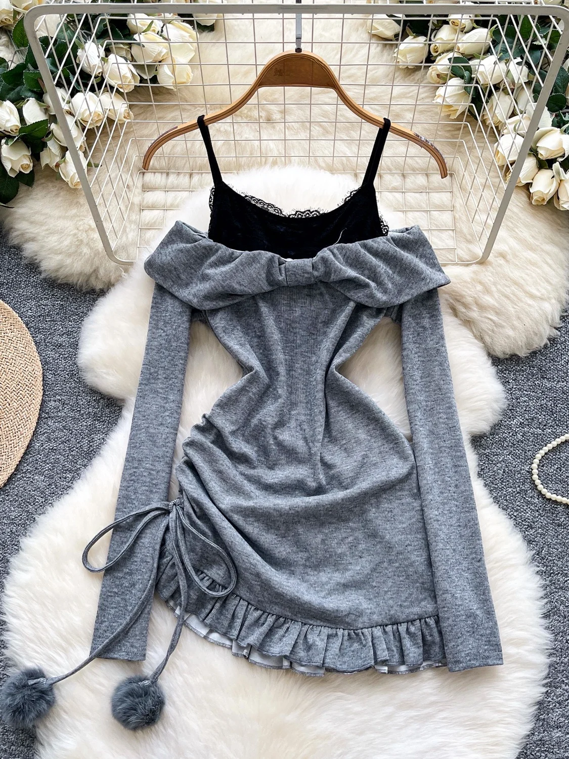 

Lace Splice Binding Women's Dr Set High Waist Flounce Skirt One oulder Bridesmaid Outfit Casual Commute Sle Autumn Wear