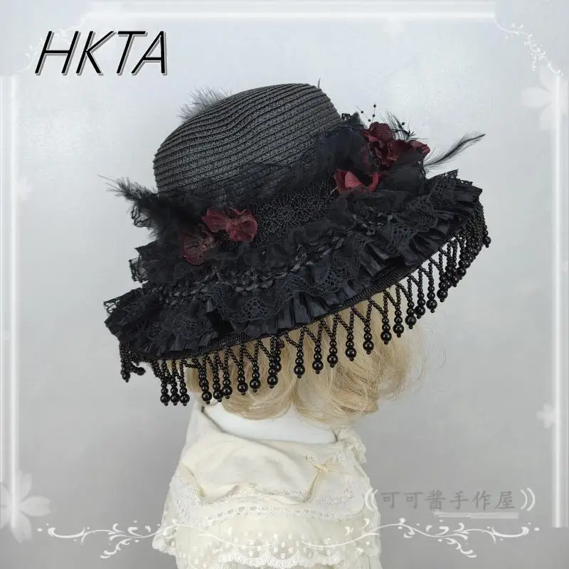 ロリータエレガントな黒帽子ヘアアクセサリー女性ヴィンテージダークフラワーストラップハロウィンコスプレ羽パールフリンジ帽子 Y2k キャップ