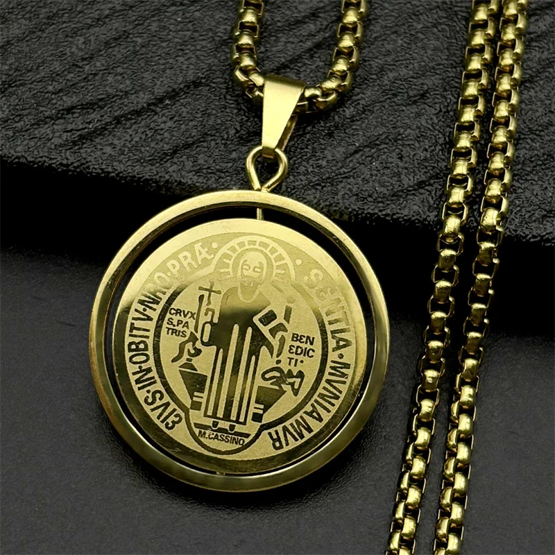 Drehbare katholische Heiliger Benedikt-Medaillen-Halskette für Damen und Herren, Edelstahl, goldfarbene Kette, Halsketten, Schmuck, San Benito