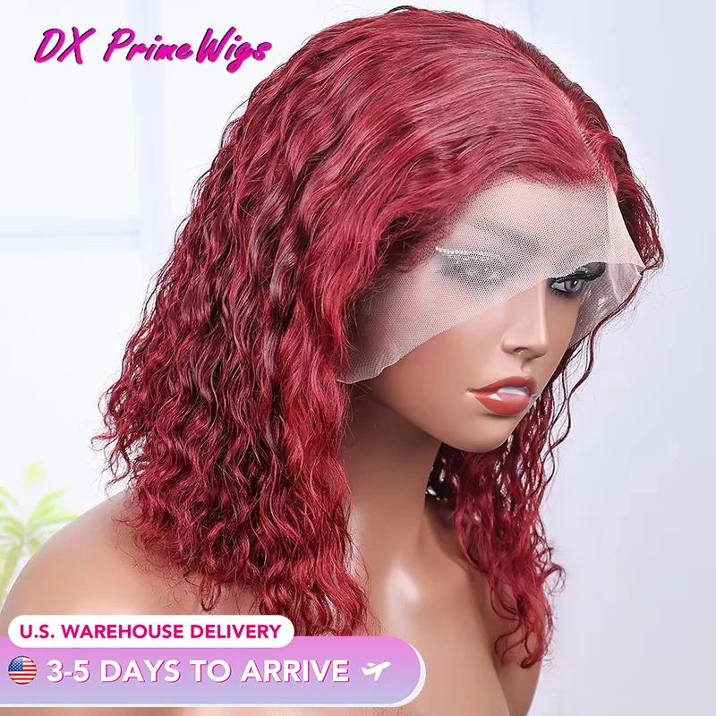 

Burgundy 99J Colored 13x4 Water Wave Lace Frontal Bob Wig 200% Density Pre Plucked Baby Hair Remy Deep Curly Bob Human Hair Wigs