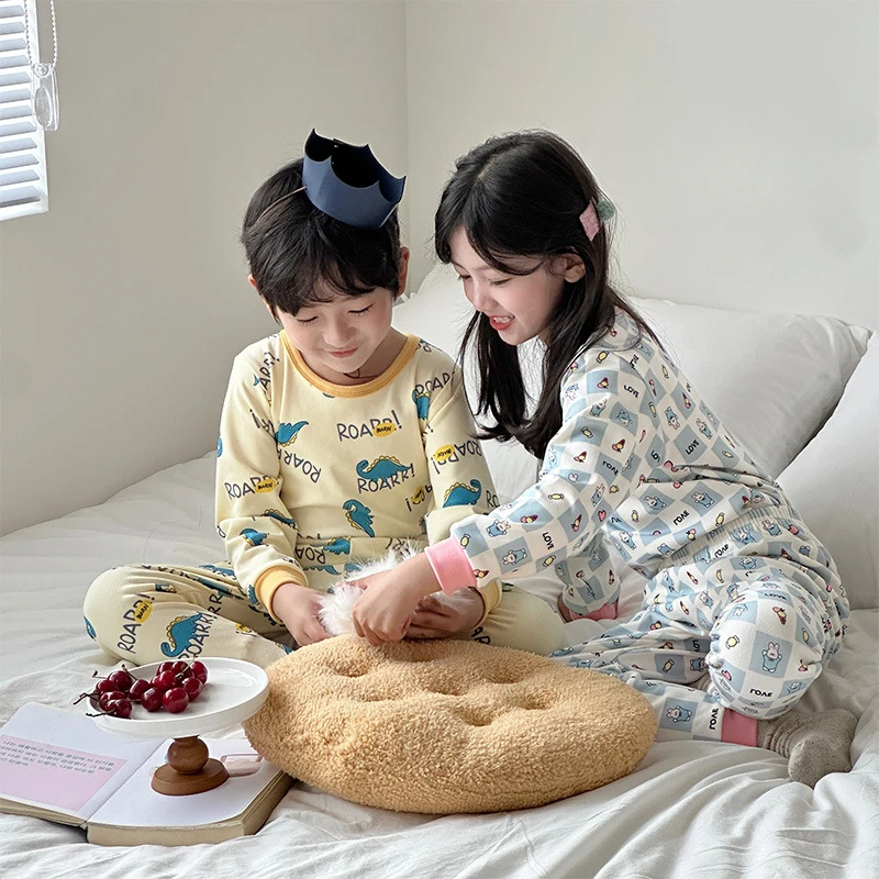 

Silk Wool Kids Pajama Sets Children's Homewear for Autumn Winter New Autumn Clothes Pants Round Neck Cartoon Home Suit Set