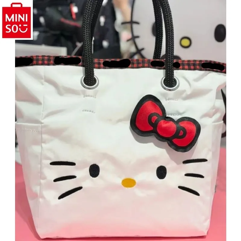 MINISO 2024 Fashion New Embroidered Hello Kitty Cartoon Printed Tote Bag for Women, High Quality Large Capacity Storage Handbag