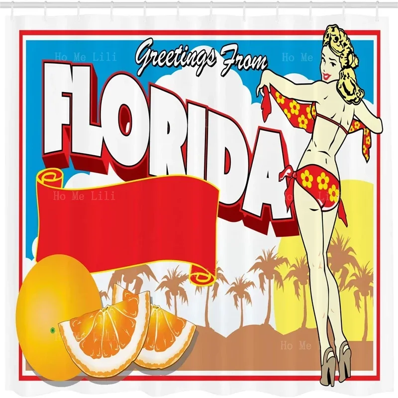 Greetings From Florida Postcard Design With A Pin-up Girl In Bikini And Oranges Cloth Fabric Bathroom Decor Set With Hooks