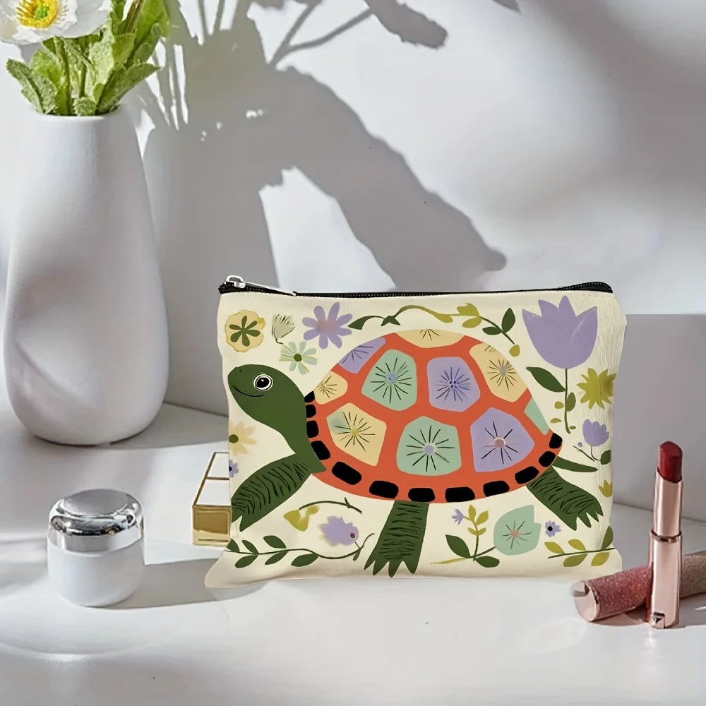 おしゃれで可愛い亀の花柄プリントのメイクアップバッグ - 多機能ジッパーポーチ、ジュエリー収納バッグ、旅行に最適な小型ジッパーバッグ