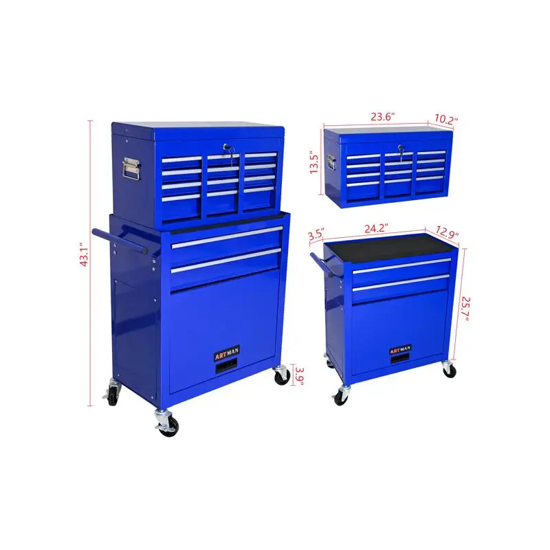 Ящик для инструментов большой емкости с колесиками и ящиками, шкаф для хранения инструментов с 8 ящиками - синий цвет