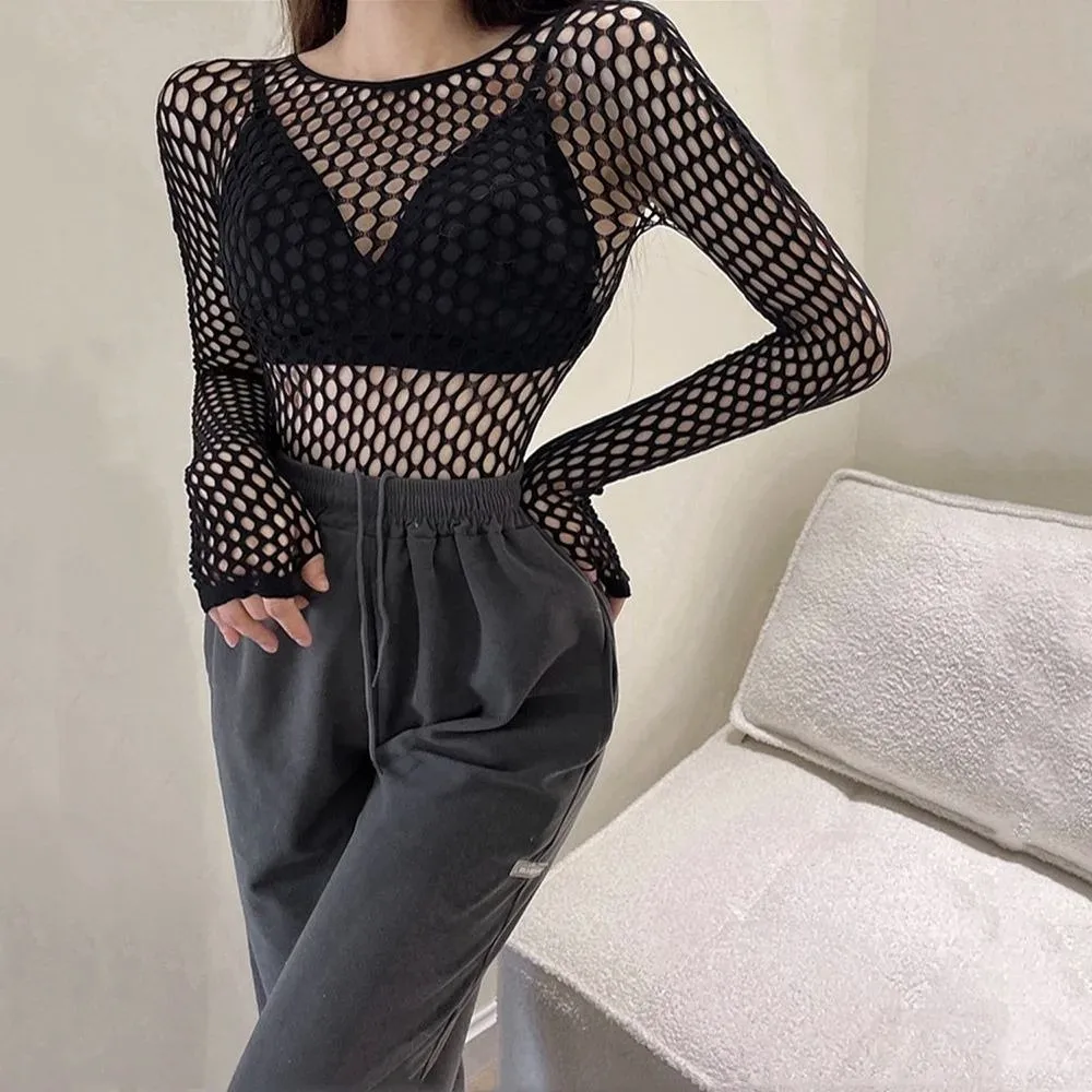 Skinny Sexy Design Mesh T Shirt Hollow Out Sheer Material See Through Tee Black Color Slim Fit Crop Top Tee Streetwear Fashion