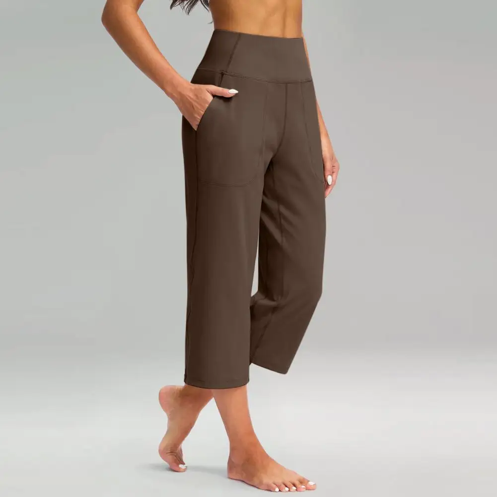 Women Elastic High Waist 3/4 Pant Casual Active Fit Wide Capris Leg Pants Trousers With Pockets Pants for Women Women’s Pants