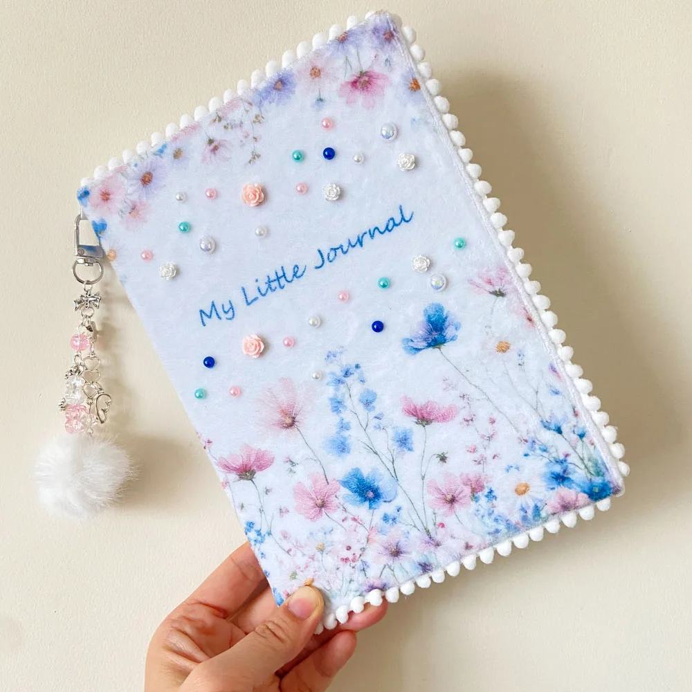 A5 Vintage Journal Floral Aesthetic Plush Notebook HardCover Diary with 3D Pearls Fur Ball Charm 96 Pages Gift for Women