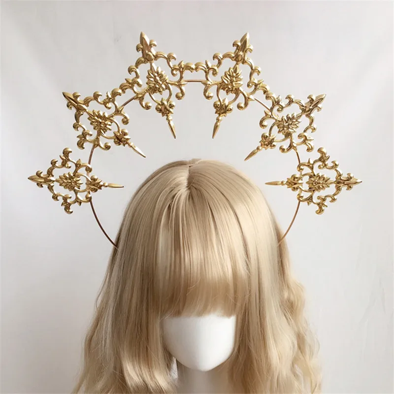 2022 wunderschöne Vintage Mary Barock Tiara Headwear Gothic Lolita Schwarz Rose Teufel Feder Flügel Göttin Sonne Halo Krone Stirnband