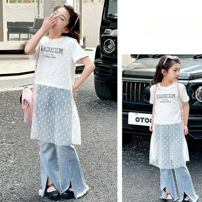 2025 Summer Girls Mesh Panel T-Shirt, Letter Print Short Sleeve Top for Toddler Kids, Casual Fashion Daily Tee