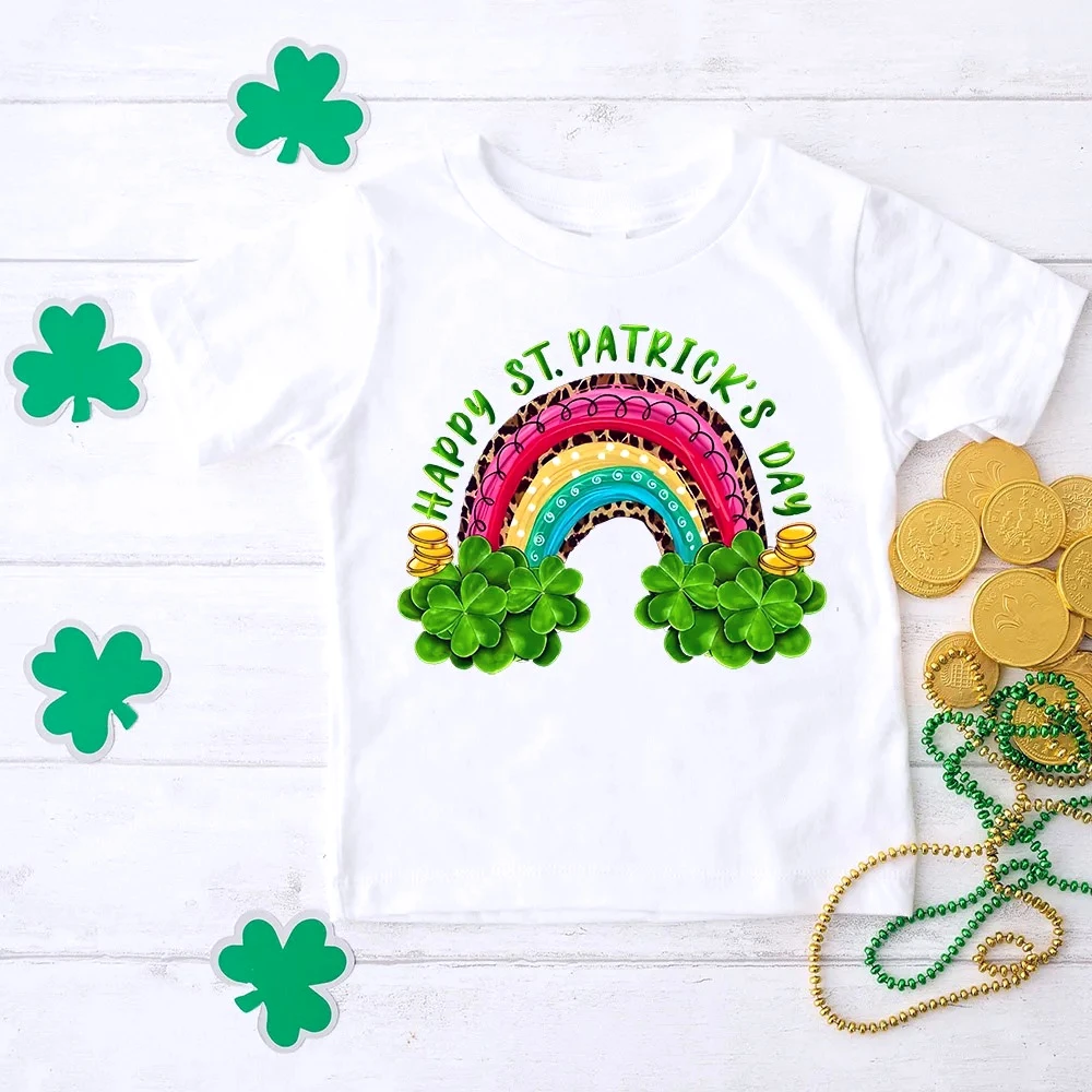 

Happy St Patrick's Day Kids T Shirts Shamrock&rainbow Graphics Print Tee Top Short Sleeve Tops St Patricks Day Girl Summer Gift