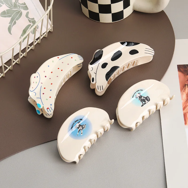 Women Sweet Cute Acetate Animal Spots Dog Large Size Hair Claws Clip For Girl Simpe Non-slip Ponytail Hairpin Hair Accessories