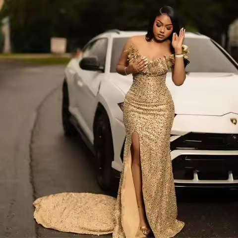 Customized Golden Mermaid Wedding Party Dress Strapless Side High Split Evening Dresses Beaded Elegant vestidos de fiesta