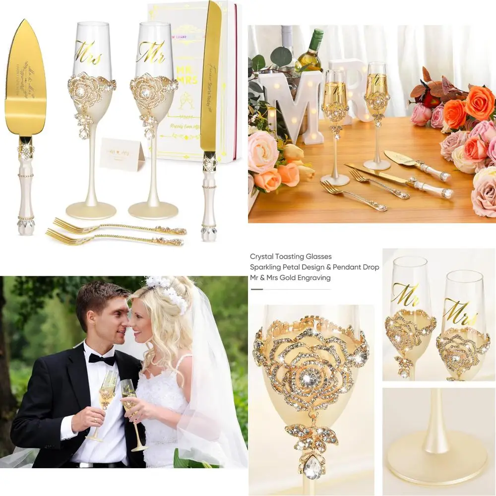 

Engagement Gifts for Couples, Wedding Cake Knife and Server Set, Luxury Handcrafted Champagne Flutes with Rhinestone Rose and Pe